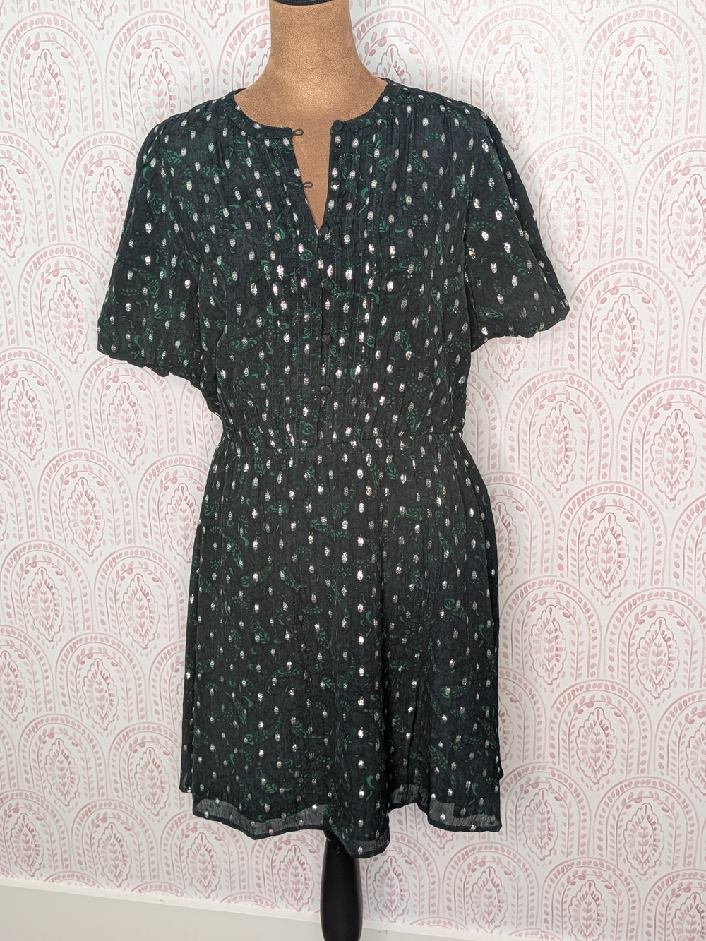 LOFT Black Midi Dress with Green and Silver Paisley Print Sz M